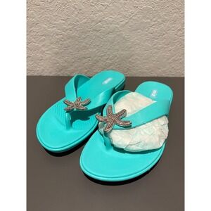 NWT Oka-B Women's Livie Flip Flops Teal Aqua Sea Glass Starfish Bling Sandals ML